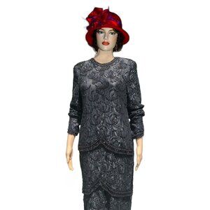 VINTAGE Beaded Floral Black Lace Long Sleeve Dress Size L